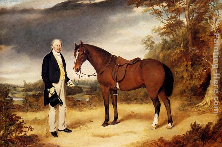 A Gentleman Holding a Chestnut Hunter in a Wooded Landscape painting - William Webb A Gentleman Holding a Chestnut Hunter in a Wooded Landscape art painting